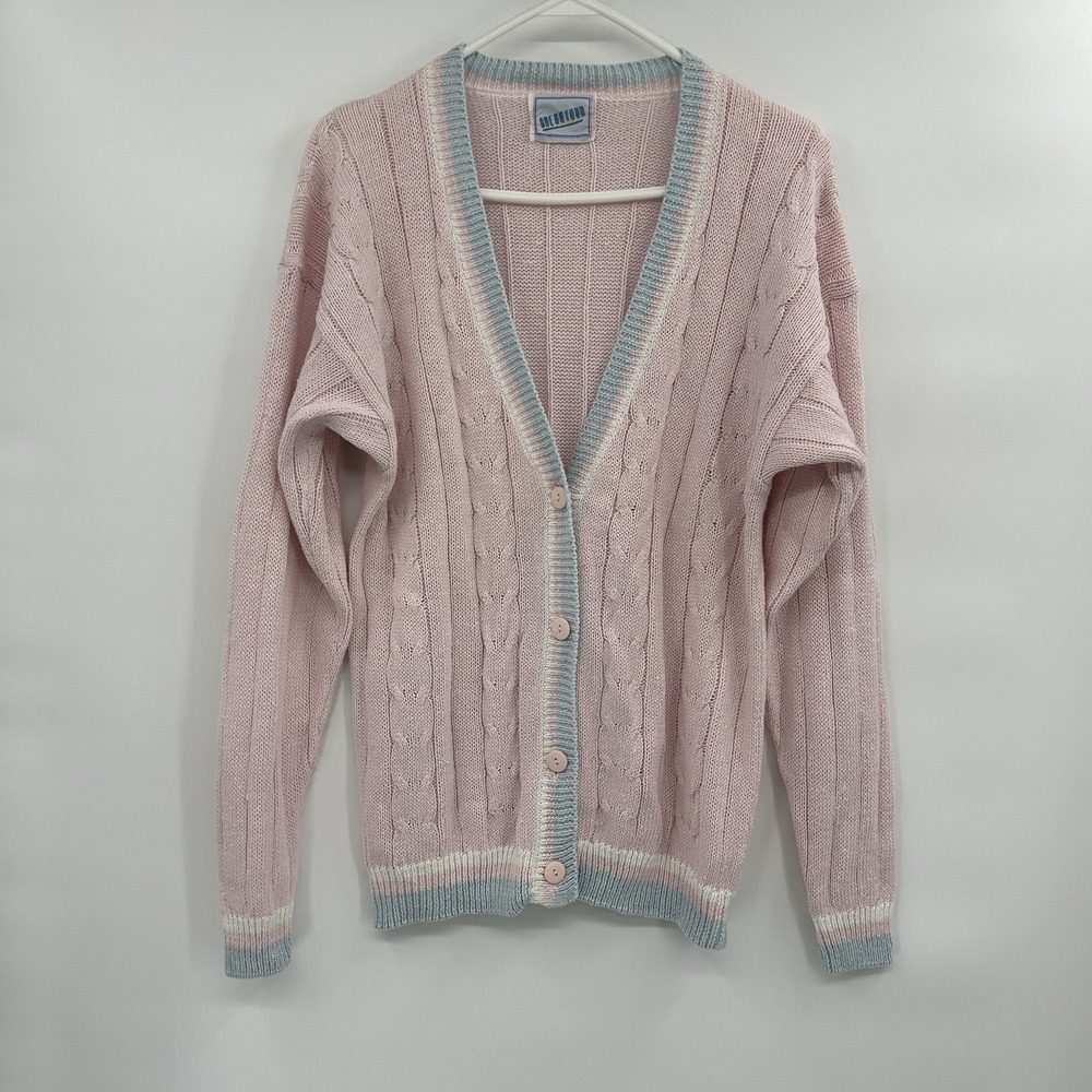 Vintage Womens Cable Knit Cardigan Sweater Sz L Pink Tennis Prep Varsity Kawaii